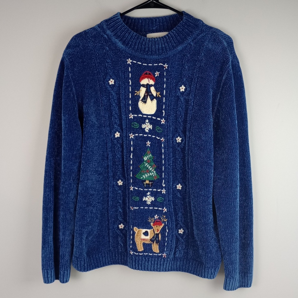 Alfred Dunner Womens L Blue Chenille Embroidered Holiday Ugly Christmas Sweater